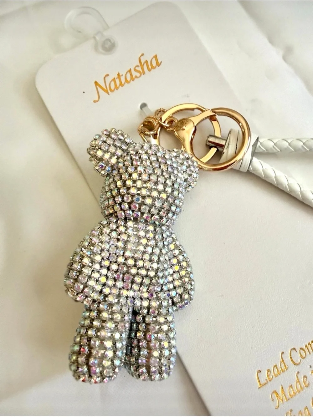 Natasha Couture Crystal Bear Bag Charm - Silver Iridescent Keychain New